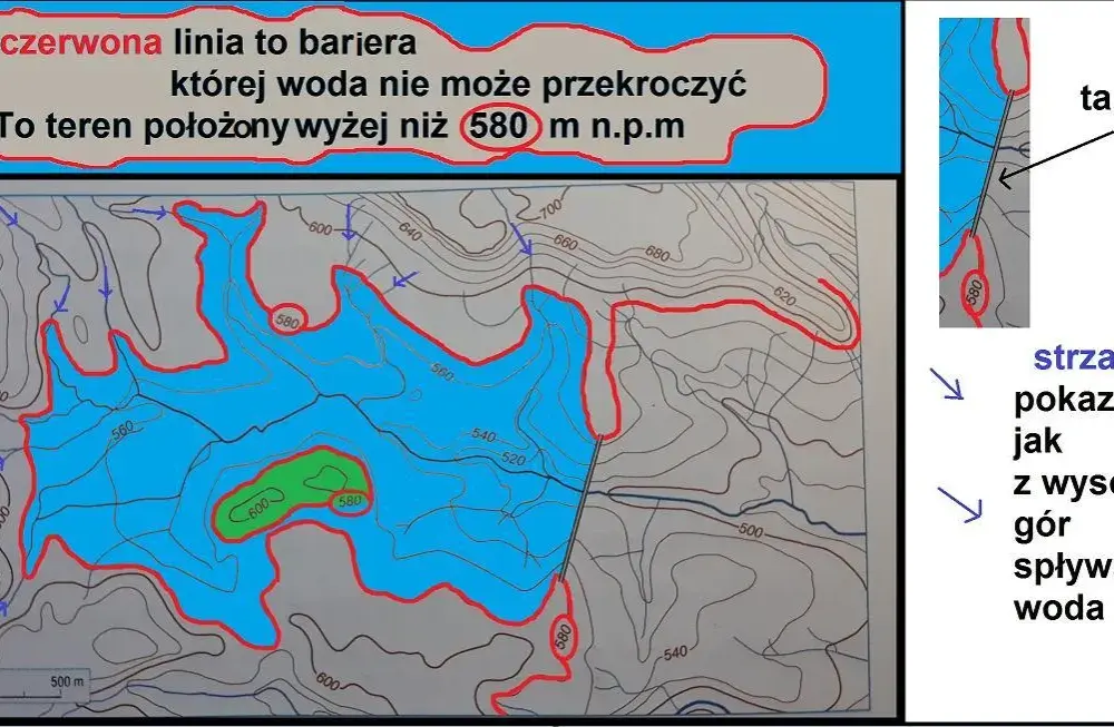 Mapa przedstawia teren na którym zostanie wybudowana elektrownia wodna - szczegóły i zmiany w krajobrazie