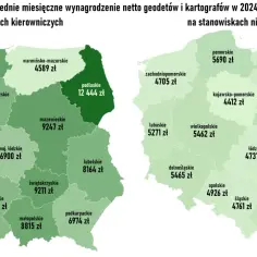 Mapy Polski z zaznaczonymi średnimi miesięcznymi wynagrodzeniami geodetów i kartografów w 2024 r.