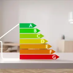 Wizualizacja certyfikatu energetycznego domu z klasami od A do G.