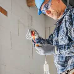 Elektryk w kasku i okularach montuje oprawkę żarówki. Instalacja elektryczna cena robocizny zależy od złożoności prac.