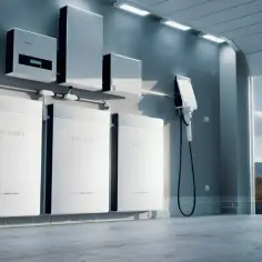 Nowoczesny magazyn energii do domu z panelami słonecznymi i ładowarką do pojazdów elektrycznych w tle.