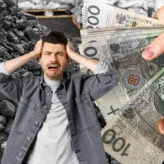 Zmartwiony mężczyzna na tle węgla i pieniędzy. Czy wiesz, do kiedy można palić węglem?