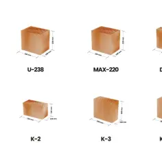 Różne modele pustaków Porotherm z podanymi wymiarami: U-238 (250x188x238 mm), MAX-220 (250x188x220 mm), DZ-220 (288x188x220 mm), K-2 (250x120x140 mm), K-3 (250x120x220 mm), K3-238 (250x120x238 mm).