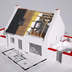 Model domu na planach architektonicznych, z widoczną warstwą ocieplenie nakrokwiowe.