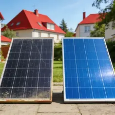Porównanie starego, brudnego panelu fotowoltaicznego z nowym, lśniącym. Wybór najlepszych paneli fotowoltaicznych to klucz do oszczędności.