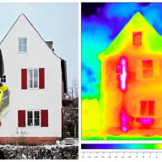 Kamera termowizyjna pokazuje dom, gdzie widoczne są miejsca ucieczki ciepła, czyli **mostek termiczny**.