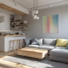 Nowoczesny salon z aneksem kuchennym. Jasne ściany, drewniana podłoga. Kanapa, stolik kawowy, wyspa kuchenna. Szacowany koszt malowania mieszkania 50 m.