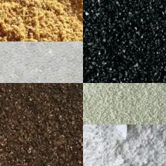 Różne rodzaje materiałów ściernych do piaskowania drewna: piasek, szkło, węgiel, soda, tlenek glinu.