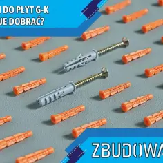 Pomarańczowe kołki molly i dwa szare kołki z wkrętami na szarym tle. Jak dobrać kołki do płyt G-K?
