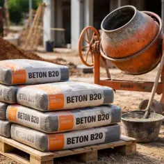 Siedem worków z napisem "BETON B20" na palecie, obok betoniarki i wiadra z zaprawą. Zastanawiasz się, ile kosztuje kubik betonu B20?