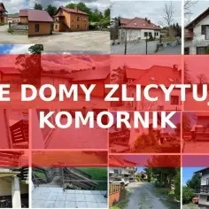 Kolaż zdjęć domów, z napisem "TE DOMY ZLICYTOWUJE KOMORNIK".