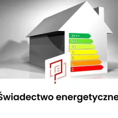 Dom z klasyfikacją energetyczną i logo. Dowiedz się, ile kosztuje świadectwo energetyczne.