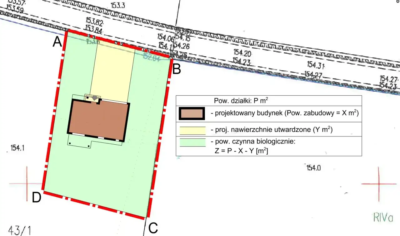Plan działki z zaznaczonym projektowanym budynkiem i jego powierzchnią zabudowy. Obok legenda z definicjami powierzchni.