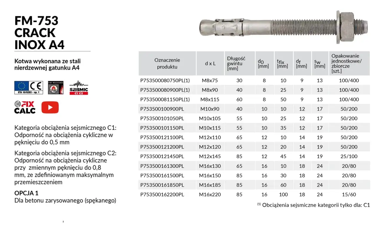 Kotwa FM-753 CRACK INOX A4 ze stali nierdzewnej, idealna do betonu zarysowanego. Tabela zawiera wymiary i parametry techniczne kotew.