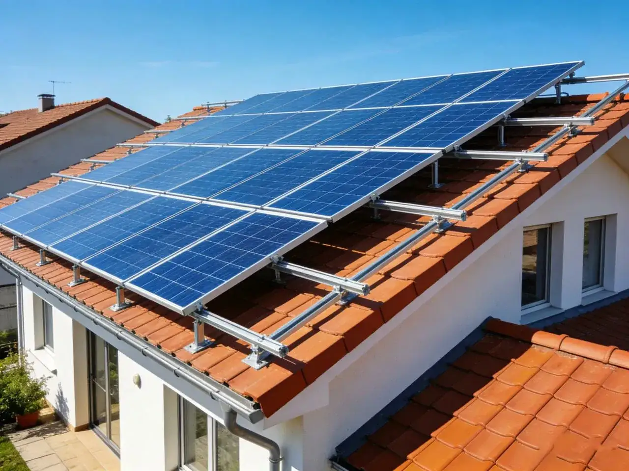 Instalacja PV na dachu domu jednorodzinnego. Panele słoneczne zamontowane na stelażu, gotowe do produkcji czystej energii.
