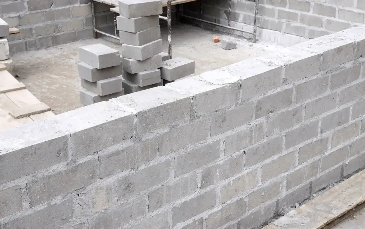 Budowa trwa w najlepsze! Stos szarych bloczków zalewowych czeka na wykorzystanie, tworząc solidne fundamenty.