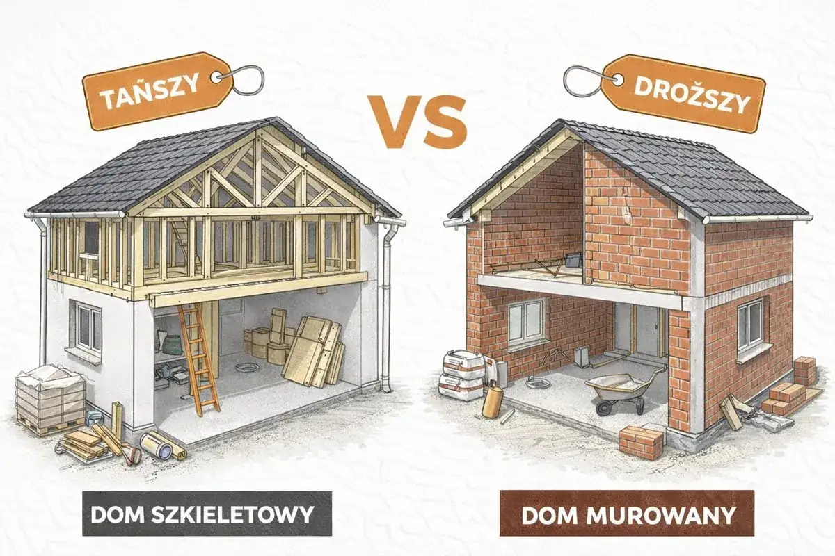 Porównanie budowy: dom szkieletowy (tańszy) vs. dom murowany (droższy). Widok przekroju obu konstrukcji.