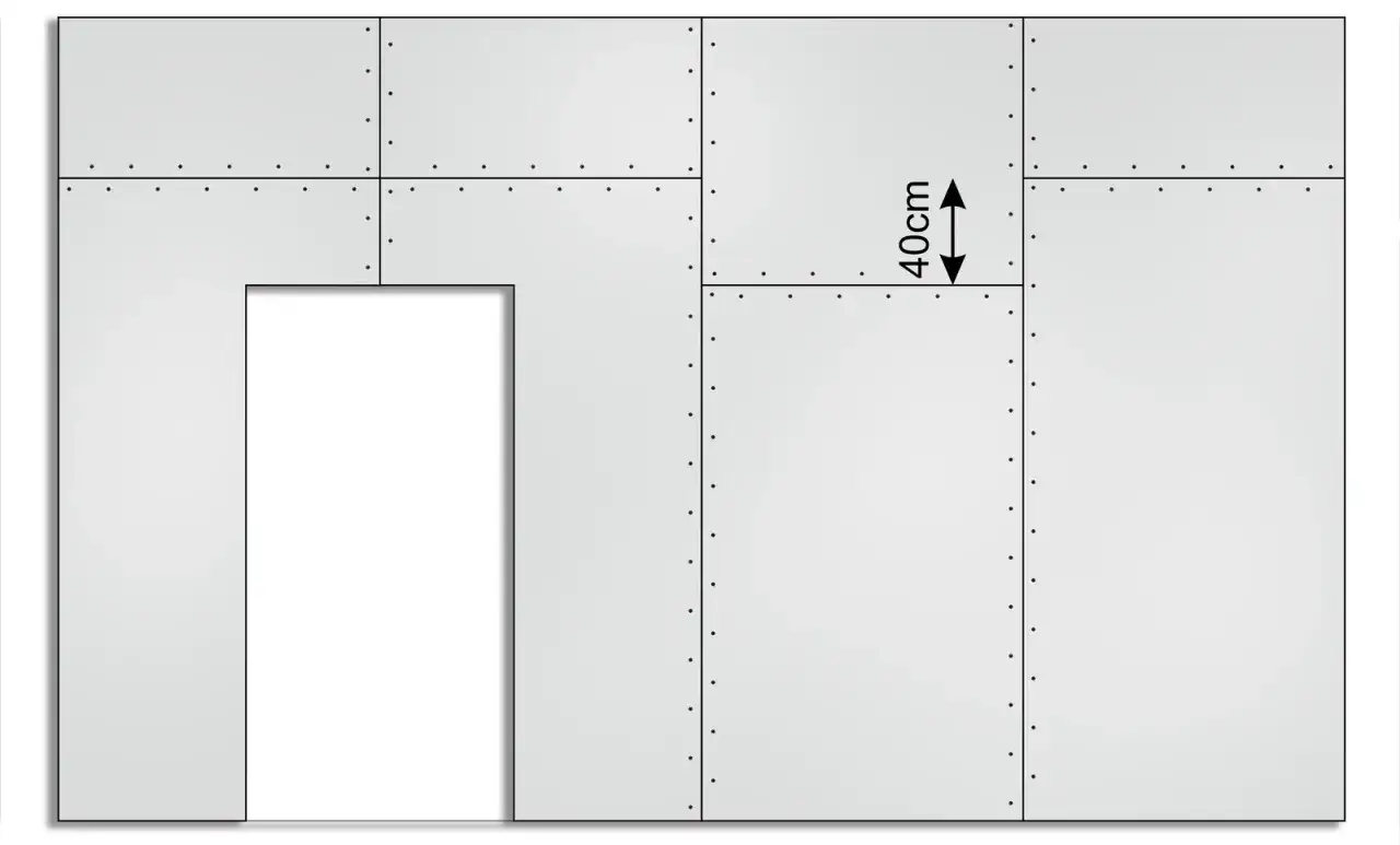 Schemat przedstawia ścianę z płyt gipsowo-kartonowych, z zaznaczonymi wymiarami płyty gk 40cm.