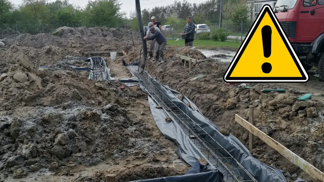 Trwa wylewanie betonu do wykopów pod fundamenty. Pracownicy kierują strumień z betoniarki do zbrojenia.