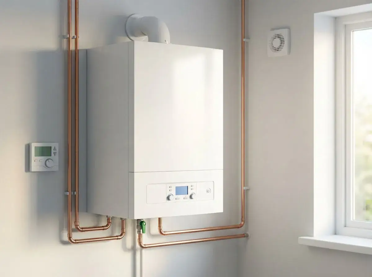 Nowoczesny piec gazowy z miedzianymi rurami i termostatem. Szacowany koszt instalacji gazowej w domu 100m2.