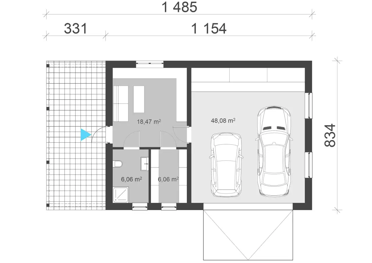 Rzut garażu dwustanowiskowego o wymiarach 8,34 x 14,85 m. Wewnątrz dwa miejsca parkingowe, pomieszczenie gospodarcze i toaleta.