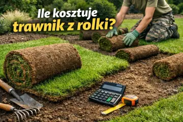 Rolki trawy z rolki cena za m2. Kalkulator i miarka obok gotowych do ułożenia darni.
