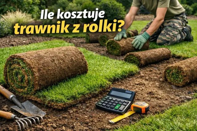 Rolki trawy z rolki cena za m2. Kalkulator i miarka obok gotowych do ułożenia darni.